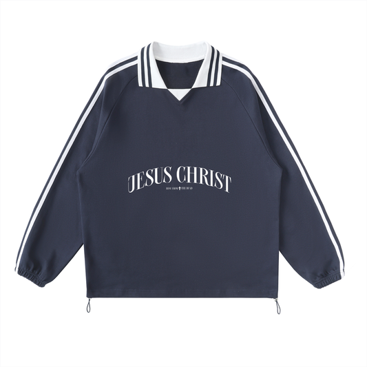 Contrast Striped Lapel Collar Sweatshirt